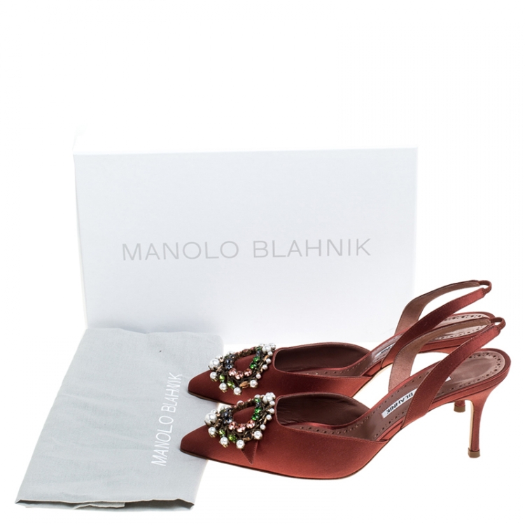 Pre Owned Manolo Blahnik Brown Satin Crystal Embellished Leona Slingback Pumps Size 38.5