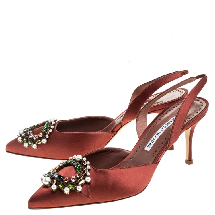 Pre Owned Manolo Blahnik Brown Satin Crystal Embellished Leona Slingback Pumps Size 38.5