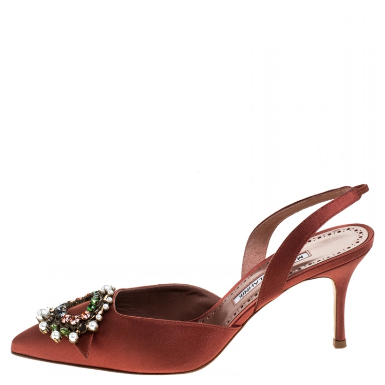 Pre Owned Manolo Blahnik Brown Satin Crystal Embellished Leona Slingback Pumps Size 38.5