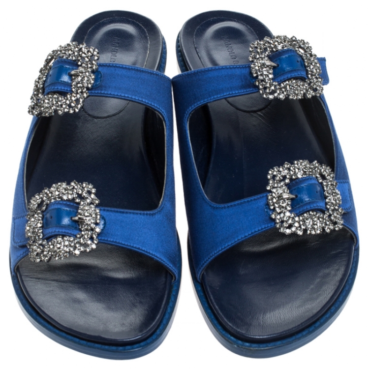 Pre Owned Manolo Blahnik Blue Satin Sturlushangi Flat Slides Size 39