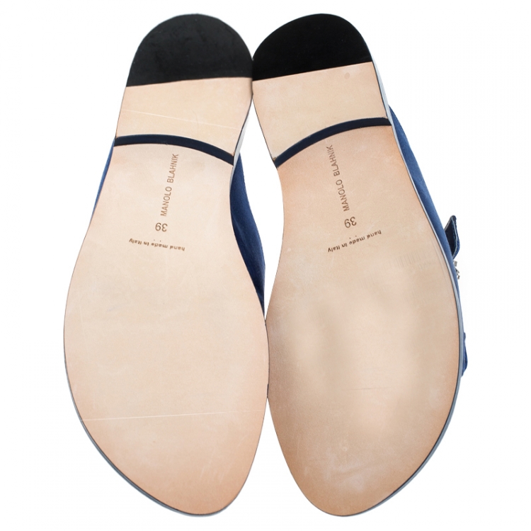 Pre Owned Manolo Blahnik Blue Satin Sturlushangi Flat Slides Size 39