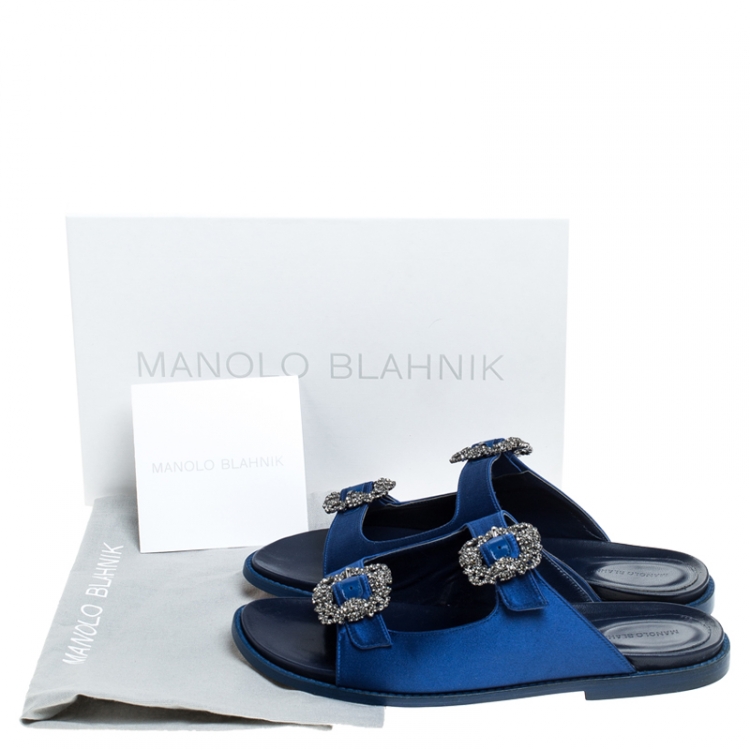 Pre Owned Manolo Blahnik Blue Satin Sturlushangi Flat Slides Size 39