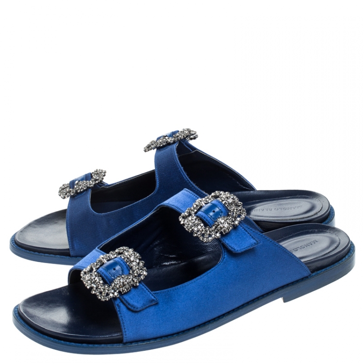 Pre Owned Manolo Blahnik Blue Satin Sturlushangi Flat Slides Size 39