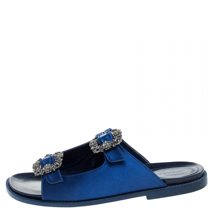 Pre Owned Manolo Blahnik Blue Satin Sturlushangi Flat Slides Size 39