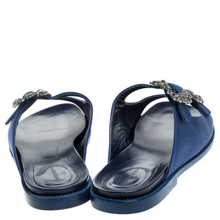 Pre Owned Manolo Blahnik Blue Satin Sturlushangi Flat Slides Size 39