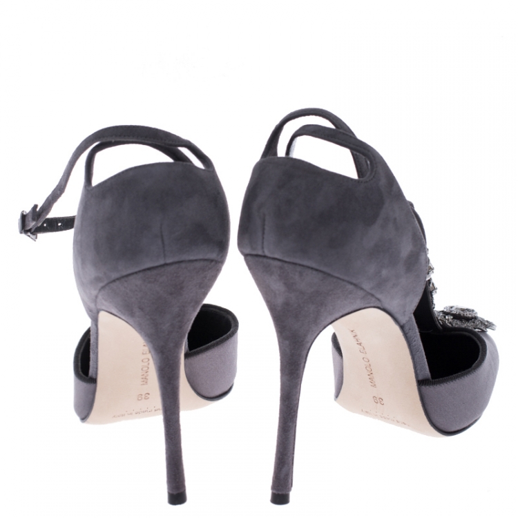 Pre Owned Manolo Blahnik Grey Satin Eridania Crystal Embellished Ankle Strap Pointed Toe Pumps Size 39 