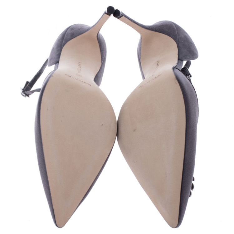 Pre Owned Manolo Blahnik Grey Satin Eridania Crystal Embellished Ankle Strap Pointed Toe Pumps Size 39 