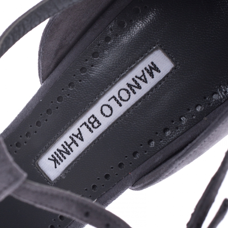 Pre Owned Manolo Blahnik Grey Satin Eridania Crystal Embellished Ankle Strap Pointed Toe Pumps Size 39 