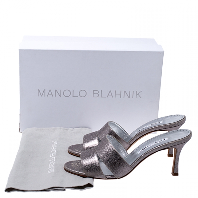 Pre Owned Manolo Blahnik Metallic Silver Leather Lacopo Open Toe Sandals Size 38