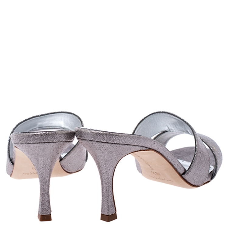 Pre Owned Manolo Blahnik Metallic Silver Leather Lacopo Open Toe Sandals Size 38