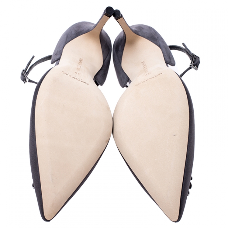 Pre Owned Manolo Blahnik Grey Satin And Suede Eridania Embellished Ankle Strap Pumps Size 37