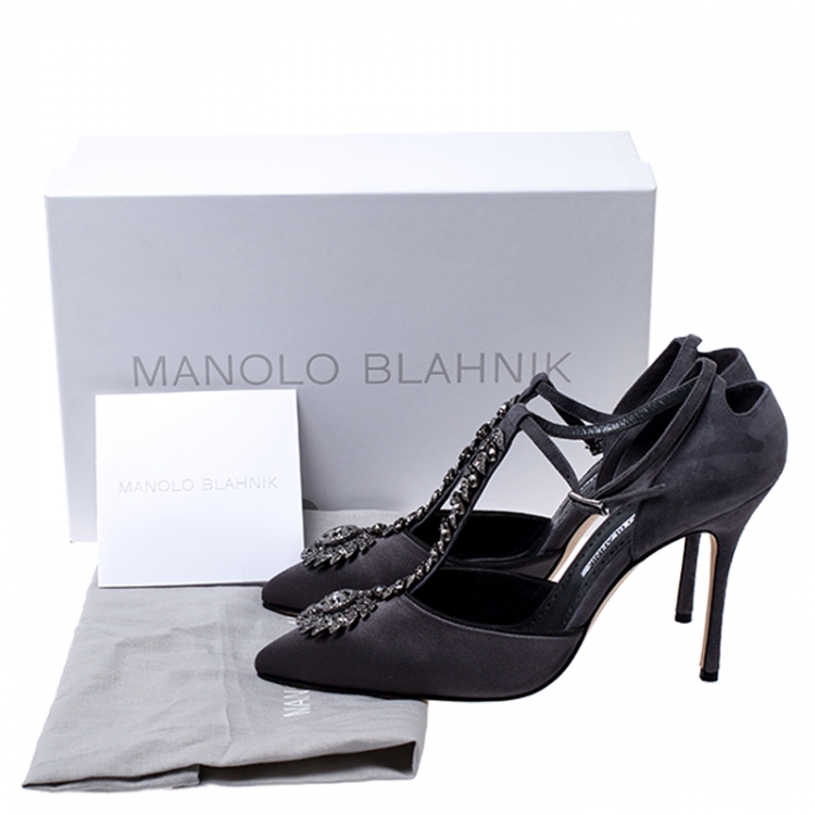 Pre Owned Manolo Blahnik Grey Satin And Suede Eridania Embellished Ankle Strap Pumps Size 37