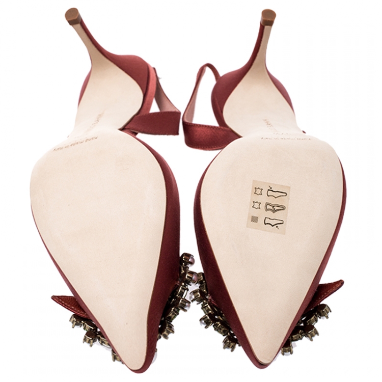 Pre Owned Manolo Blahnik Brown Satin Leona Slingback Sandals Size 37.5