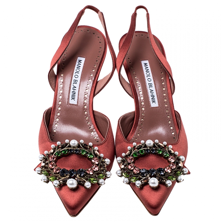 Pre Owned Manolo Blahnik Brown Satin Leona Slingback Sandals Size 37.5