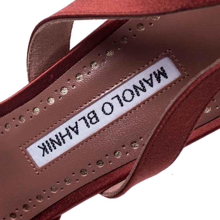 Pre Owned Manolo Blahnik Brown Satin Leona Slingback Sandals Size 37.5