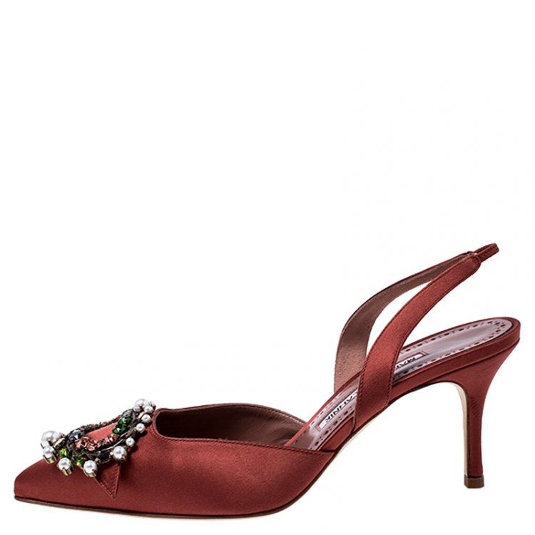 Pre Owned Manolo Blahnik Brown Satin Leona Slingback Sandals Size 37.5