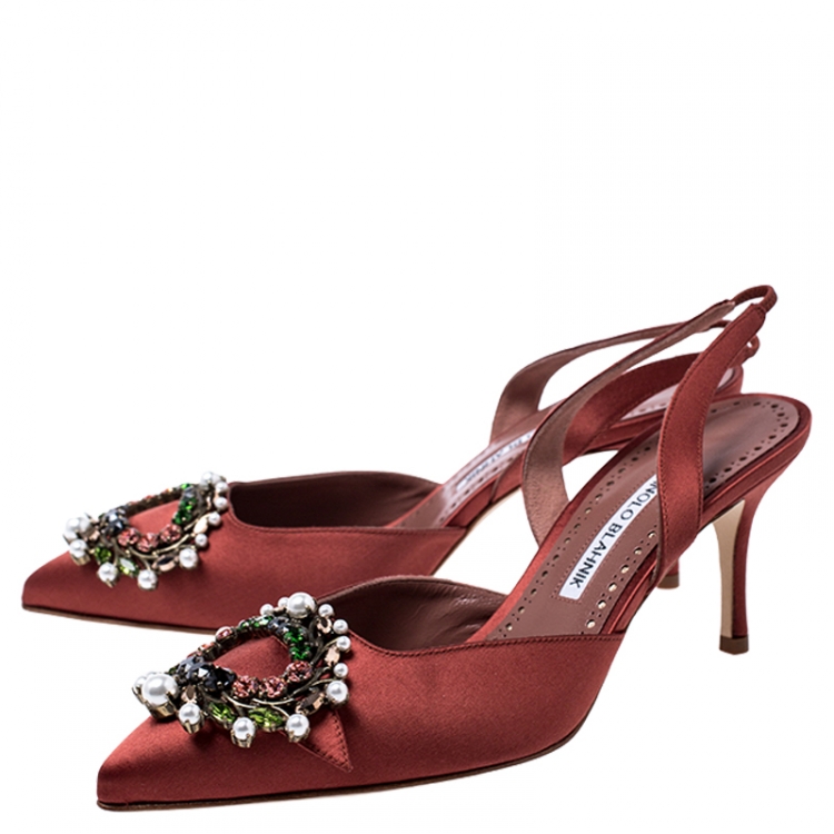 Pre Owned Manolo Blahnik Brown Satin Leona Slingback Sandals Size 37.5