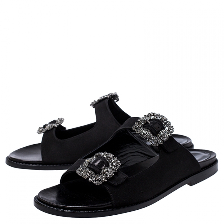 Pre Owned Manolo Blahnik Black Satin Sturlushangi Embellished Flat Sandals Size 38