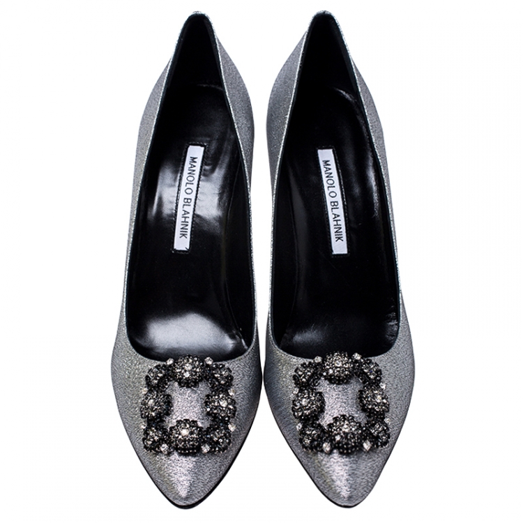 Pre Owned Manolo Blahnik Metallic Silver Hangisi Notturno Embellished Pointed Toe Pumps Size 40