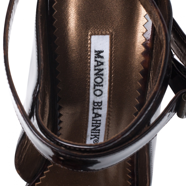 Pre Owned Manolo Blahnik Brown Tortoise Patent Leather Ankle Strap Sandals Size 38