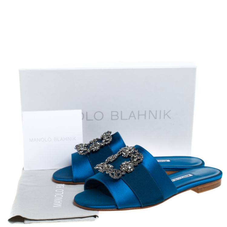 Pre Owned Manolo Blahnik Blue Satin Martmod Embellished Open Flat Slides Size 39