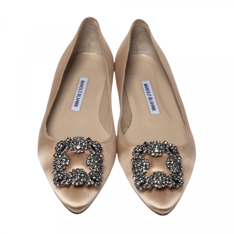 Pre Owned Manolo Blahnik Beige Satin Hangisi Ballet Flats Size 39