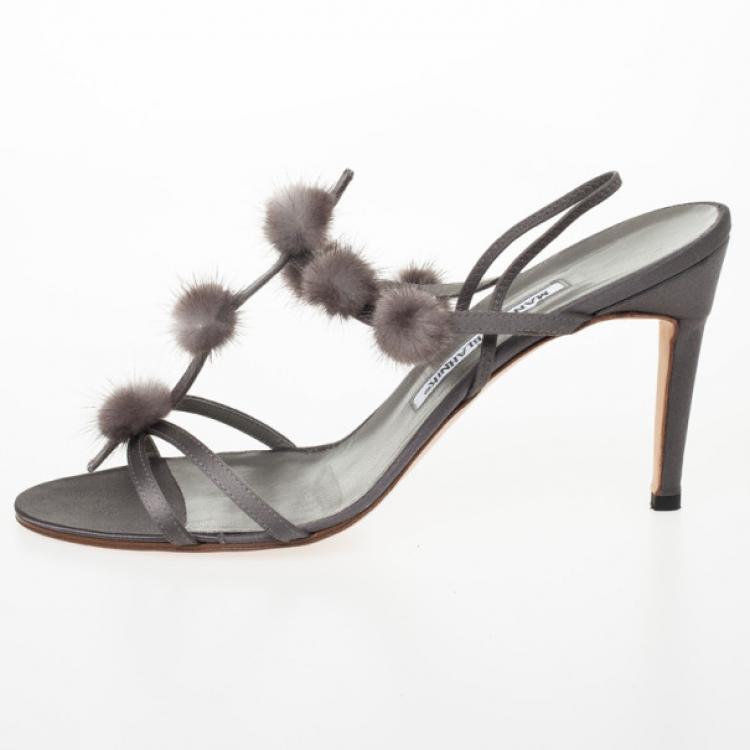 Pre Owned Manolo Blahnik Grey Satin Fur Tip Sandals Size 41