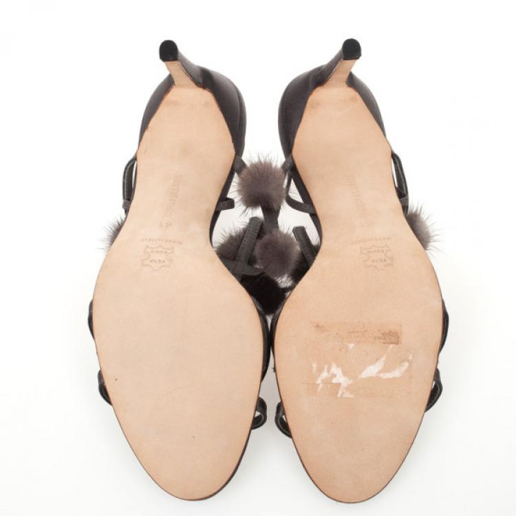 Pre Owned Manolo Blahnik Grey Satin Fur Tip Sandals Size 41
