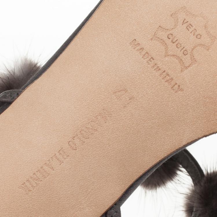 Pre Owned Manolo Blahnik Grey Satin Fur Tip Sandals Size 41