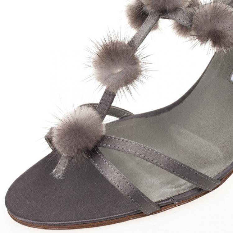Pre Owned Manolo Blahnik Grey Satin Fur Tip Sandals Size 41