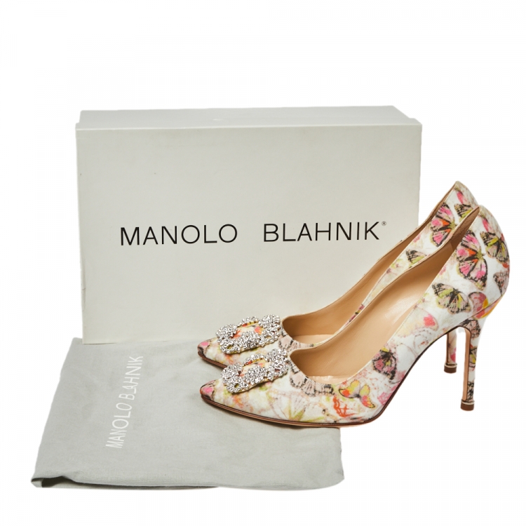 Pre Owned Manolo Blahnik Multicolor Butterfly Print Fabric Hangisi Pointed Toe Pumps Size 38.5