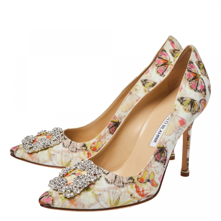 Pre Owned Manolo Blahnik Multicolor Butterfly Print Fabric Hangisi Pointed Toe Pumps Size 38.5