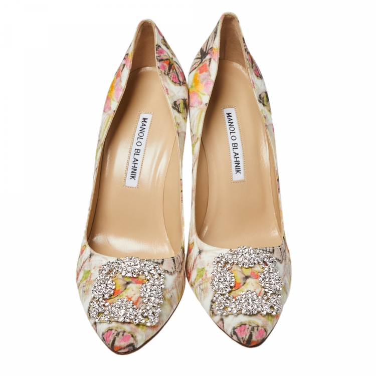Pre Owned Manolo Blahnik Multicolor Butterfly Print Fabric Hangisi Pointed Toe Pumps Size 38.5