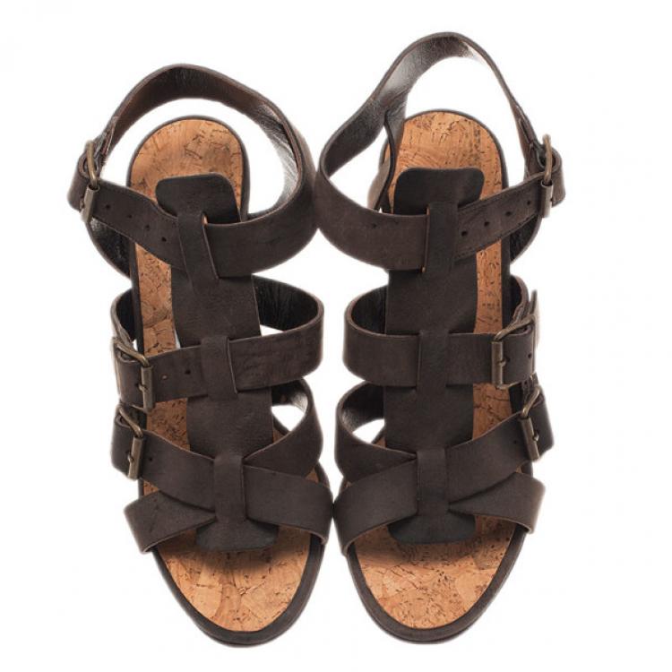 Pre Owned Manolo Blahnik Brown Leather Pidigi Triple Buckle Sandals Size 39