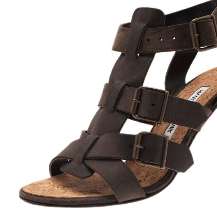 Pre Owned Manolo Blahnik Brown Leather Pidigi Triple Buckle Sandals Size 39