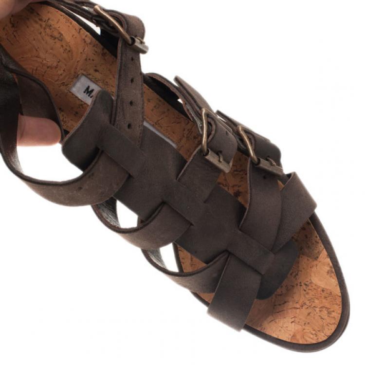 Pre Owned Manolo Blahnik Brown Leather Pidigi Triple Buckle Sandals Size 39