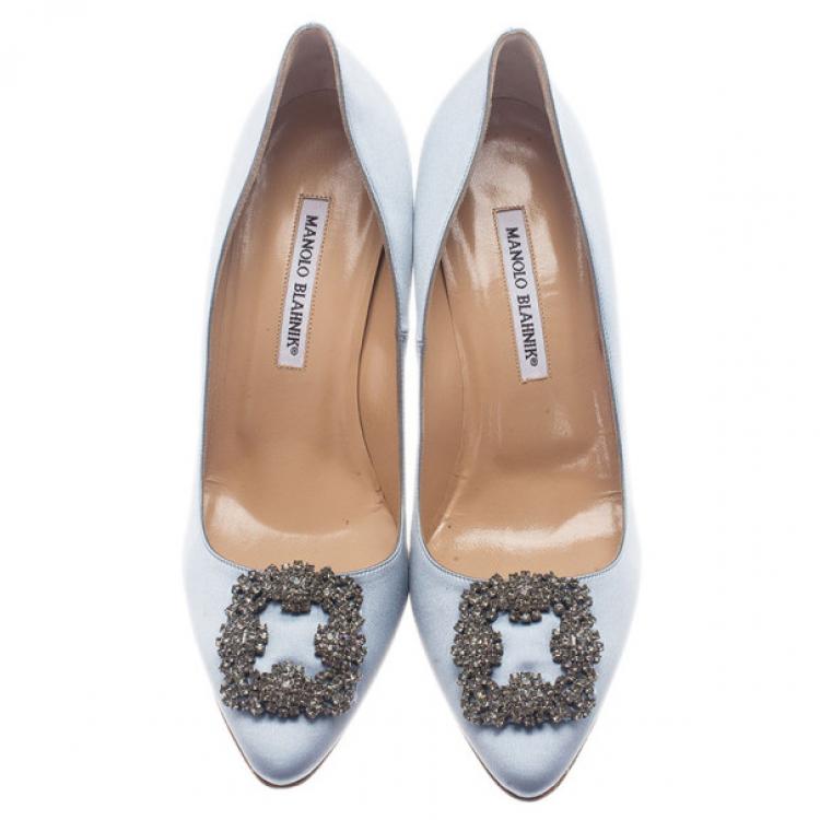 Pre Owned Manolo Blahnik Grey Satin Hangisi Embellished Pumps Size 39.5