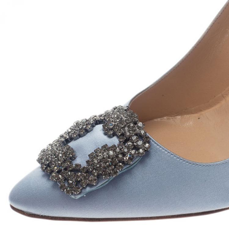 Pre Owned Manolo Blahnik Grey Satin Hangisi Embellished Pumps Size 39.5
