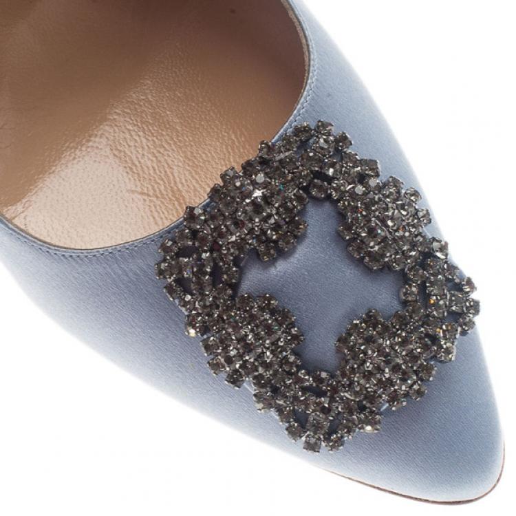 Pre Owned Manolo Blahnik Grey Satin Hangisi Embellished Pumps Size 39.5
