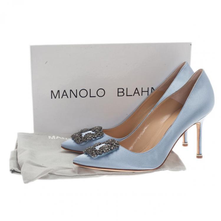 Pre Owned Manolo Blahnik Grey Satin Hangisi Embellished Pumps Size 39.5