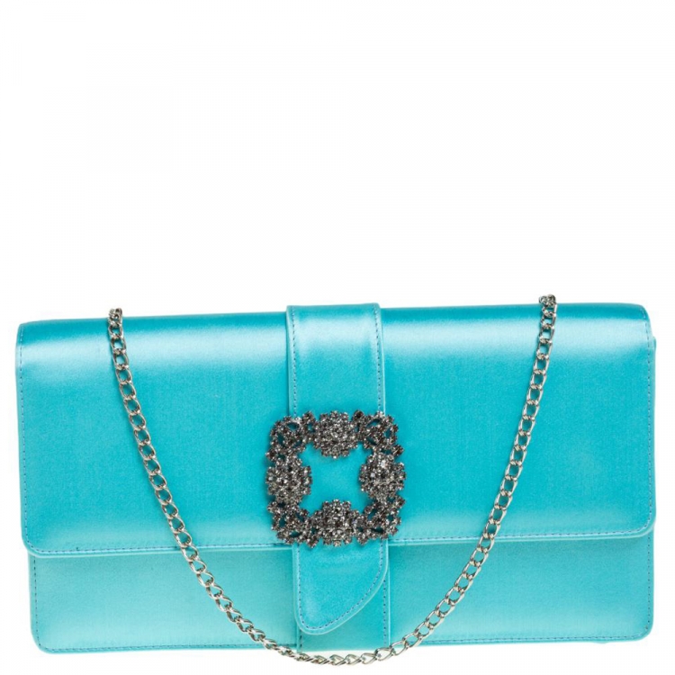 Pre Owned Manolo Blahnik Blue Satin Capri Chain Clutch