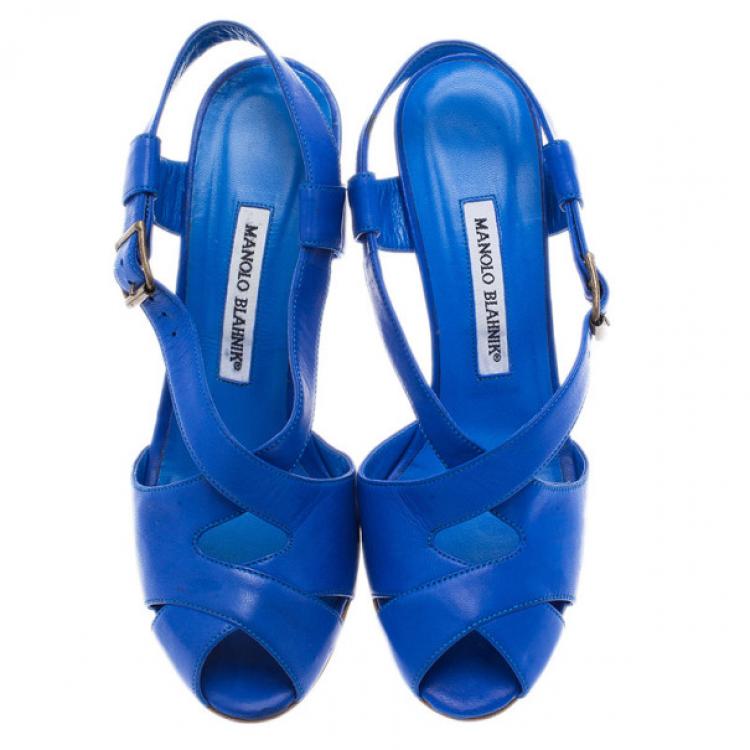 Pre Owned Manolo Blahnik Blue Leather Criss Cross Sandals Size 38.5