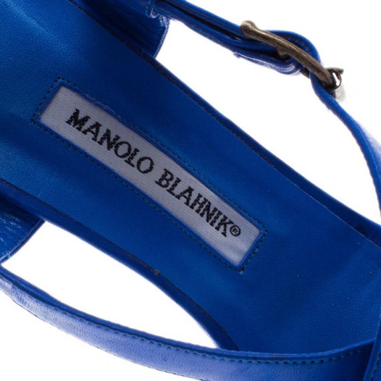 Pre Owned Manolo Blahnik Blue Leather Criss Cross Sandals Size 38.5