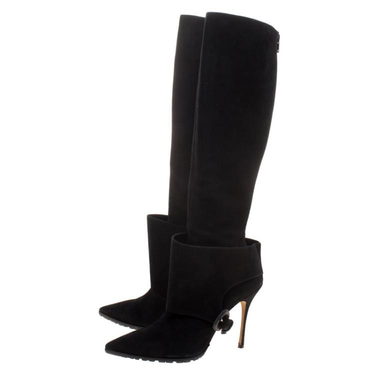 Pre Owned Manolo Blahnik Black Suede Pointed Toe Knee High Boots Size 39