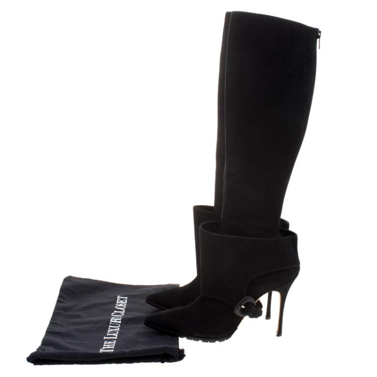 Pre Owned Manolo Blahnik Black Suede Pointed Toe Knee High Boots Size 39