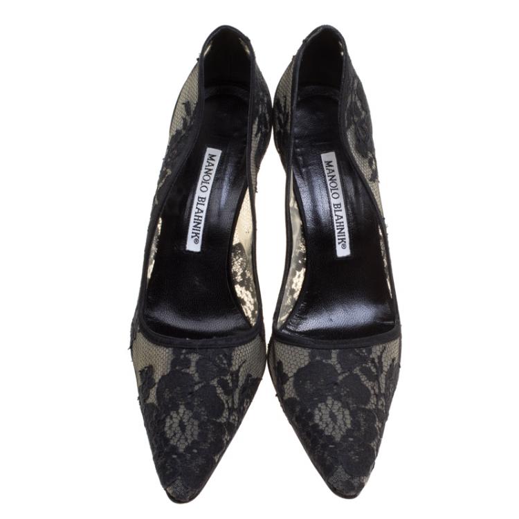 Pre Owned Manolo Blahnik Black Lace BB Pointed Toe Pumps Size 37