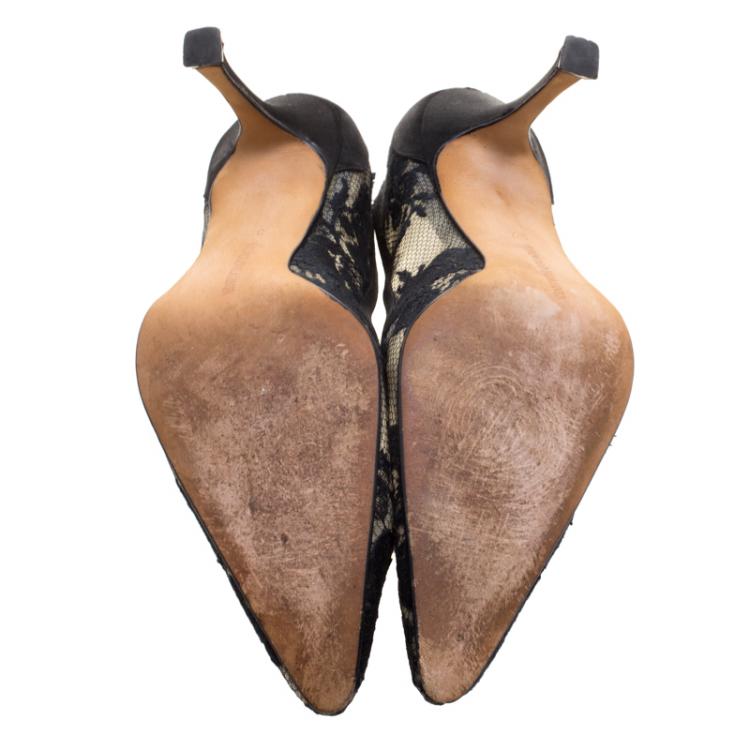 Pre Owned Manolo Blahnik Black Lace BB Pointed Toe Pumps Size 37