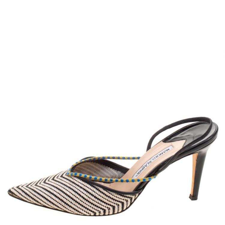 Pre Owned Manolo Blahnik Monochrome Canvas Venza Slingback Sandals Size 39