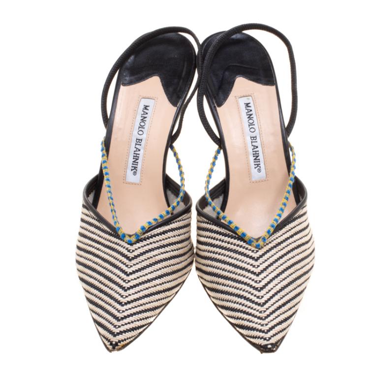 Pre Owned Manolo Blahnik Monochrome Canvas Venza Slingback Sandals Size 39