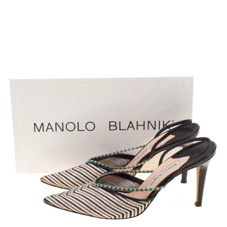 Pre Owned Manolo Blahnik Monochrome Canvas Venza Slingback Sandals Size 39
